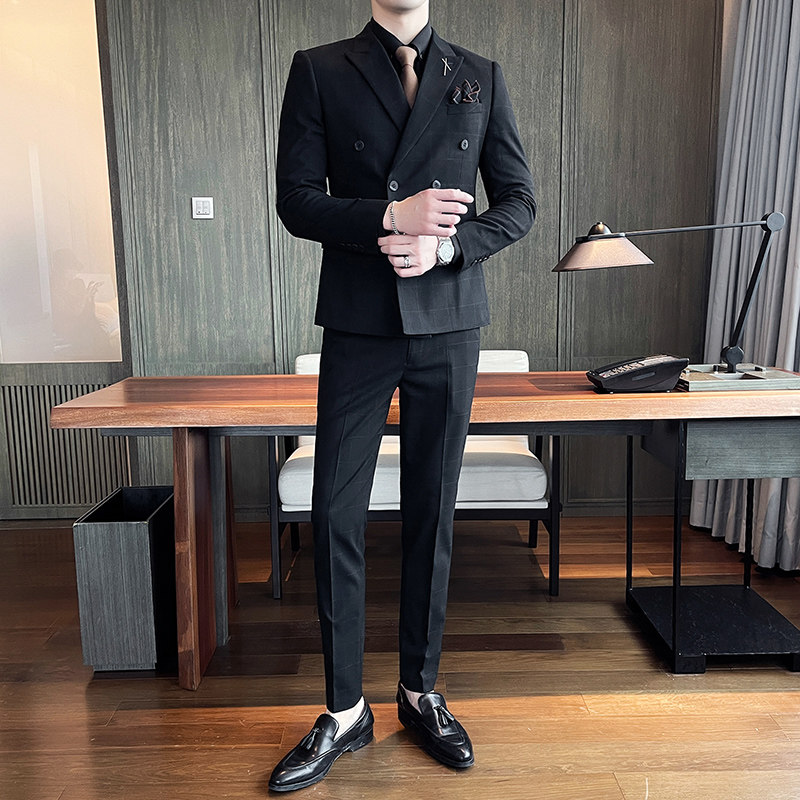 2023格子款西服套装男两件套礼服修身双排扣西装LJT865-P200,男装西服套装,星座1012