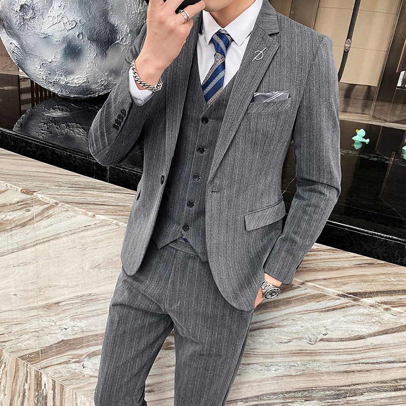 秋冬新款条纹西装男套装三件套新郎结婚礼服1012-SJT829-P280，男装西服套装，星座1012