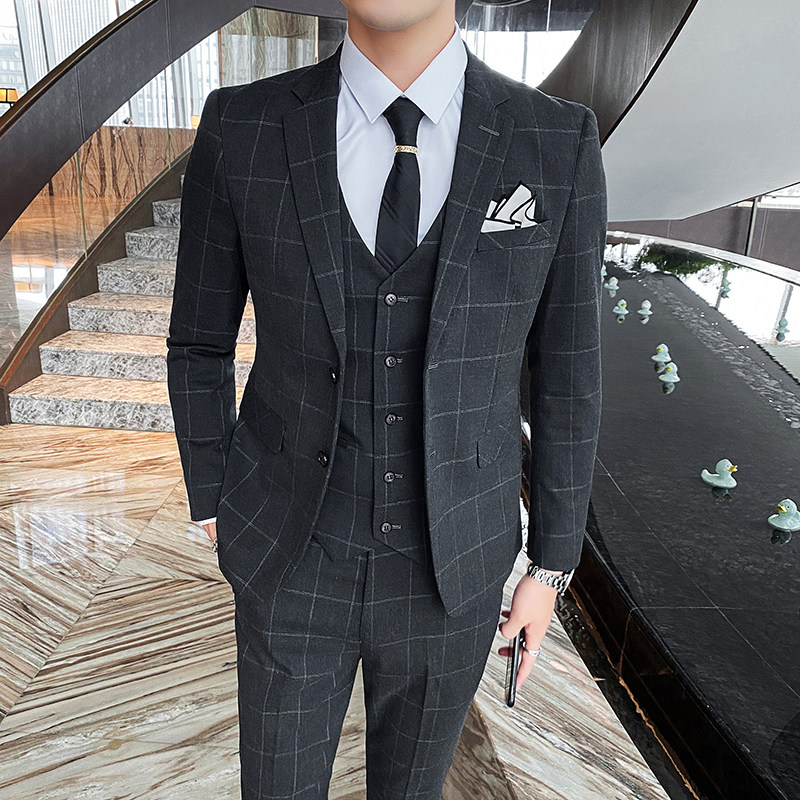 两粒扣格子西装男套装三件套商务休闲礼服SJT812-P270图片