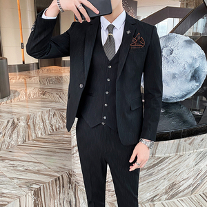 秋冬竖条纹男士西服套装结婚礼服韩版西装三件套修身商务工作820图片