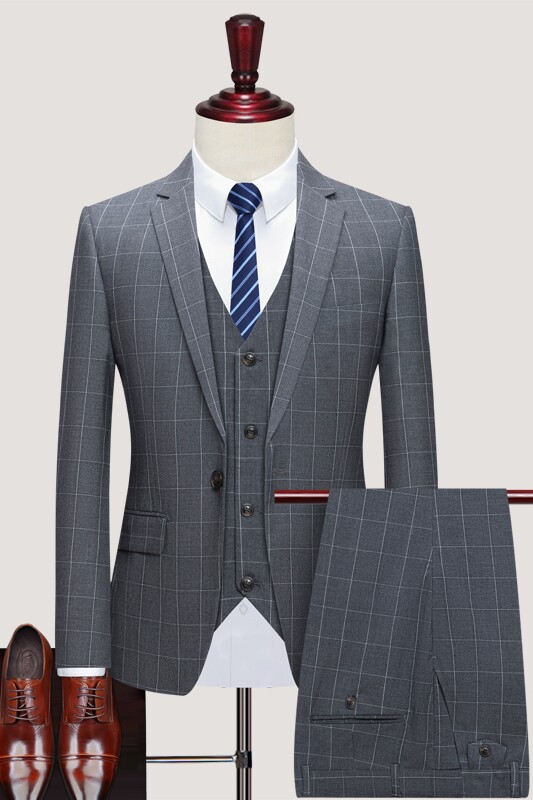 格子西服套装男三件套新郎结婚服装商务英伦西装1012-SJT819,男装西服套装,星座1012