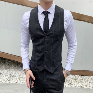 新款格子马夹男士韩版修身英伦休闲坎肩发型师马甲工装 M812-P60图片