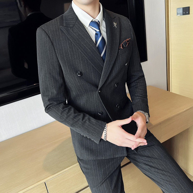 条纹西装男套装修身帅气双排扣西服休闲商务抗皱厚款SJT866-P285图片