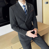 秋冬加厚款西装套装男条纹西服三件套双开叉礼服商务SJT866-P285，男装西服套装，星座1012