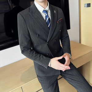 条纹西装男套装修身帅气双排扣西服休闲商务抗皱厚款SJT866-P285图片