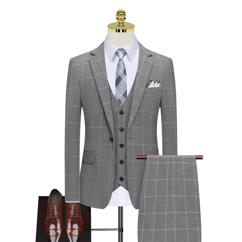 格子款一粒扣浅灰西装套装三件套正装西服礼服8121-P280，男装西服套装，星座1012