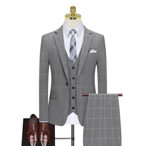 格子款一粒扣浅灰西装套装三件套正装西服礼服8121-P280,男装西服套装,星座1012