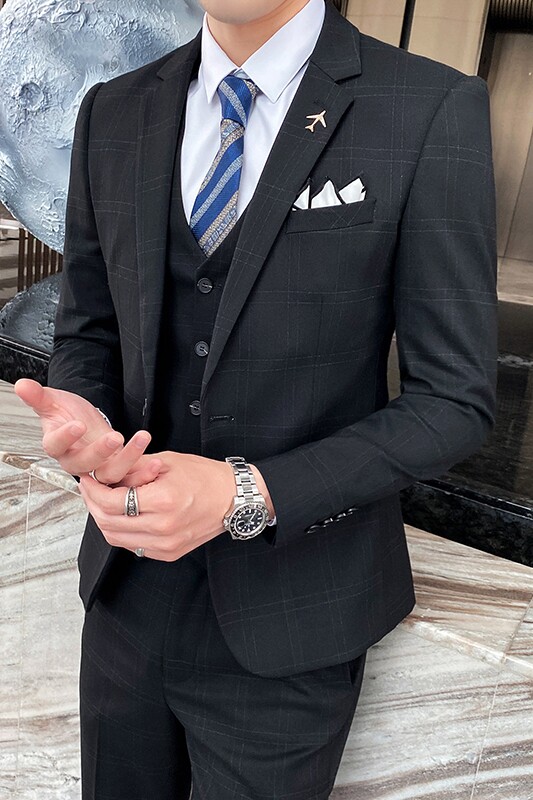 双线格子西装套装男三件套修身帅气礼服正装西服SJT823-P275,男装西服套装,星座1012