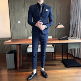 21秋冬新郎结婚礼服格子西服三件套男修身西装商务潮SJT861-P285，男装西服套装，星座1012