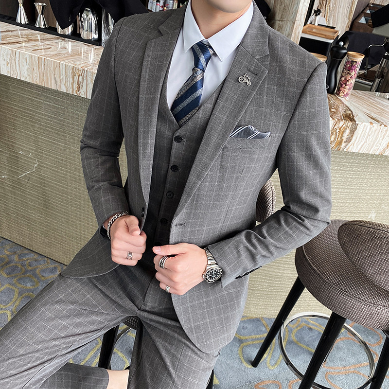 西装男套装三件套新郎结婚礼服格子商务正装职业1012-SJT830,男装西服套装,星座1012