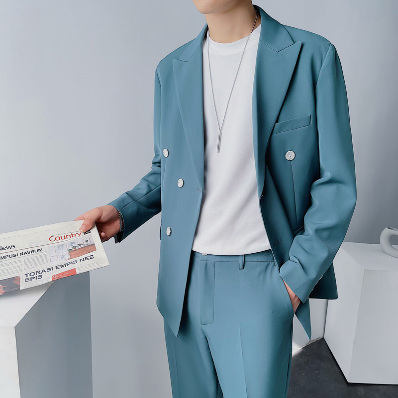 帅气双排扣宽松西服上衣男士海蓝色西装休闲纯色免烫DX859-P120图片