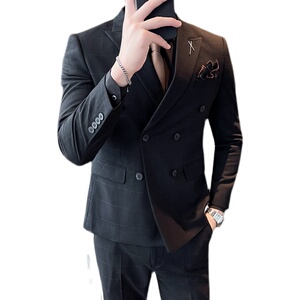 21秋冬韩版双排扣格子西服套装男英伦西装两件套礼服LJT865-P230图片