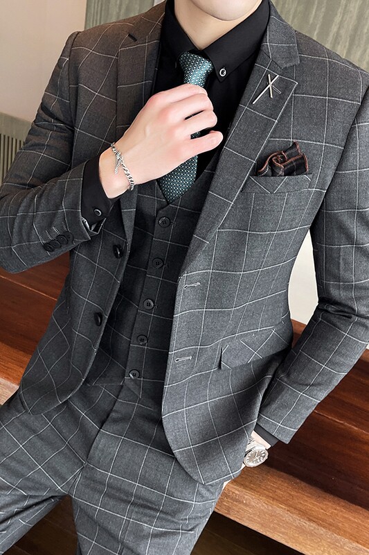 西服套装男英伦修身商务职业休闲格子款西装三件套SJT863-P285,男装西服套装,星座1012