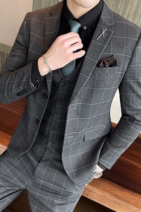 西服套装男英伦修身商务职业休闲格子款西装三件套SJT863-P285图片
