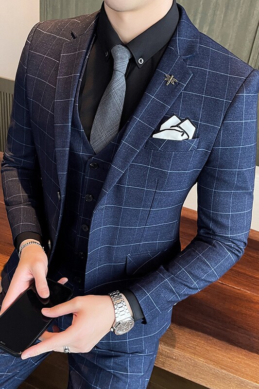 秋冬新款格子西服套装男三件套商务职业新郎结婚修身SJt861-P285,男装西服套装,星座1012
