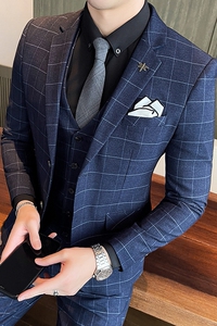 秋冬新款格子西服套装男三件套商务职业新郎结婚修身SJt861-P285图片