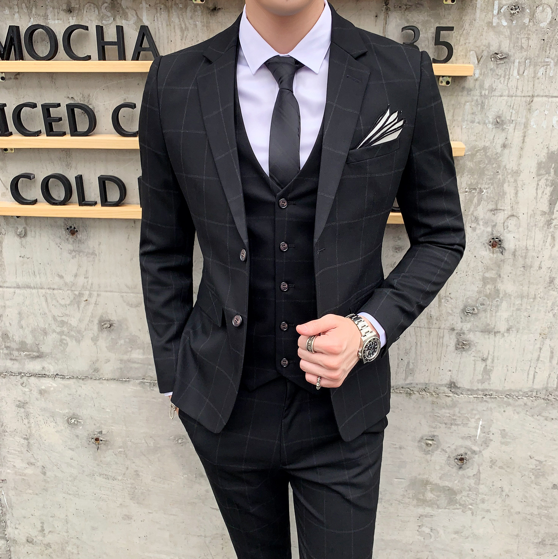 两粒扣格子西装男套装三件套商务休闲修身礼服SJT812-P280,男装西服套装,星座1012