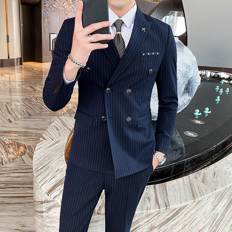 条纹双排扣西装三件套西服英伦修身商务休闲1012-826,男装西服套装,星座1012