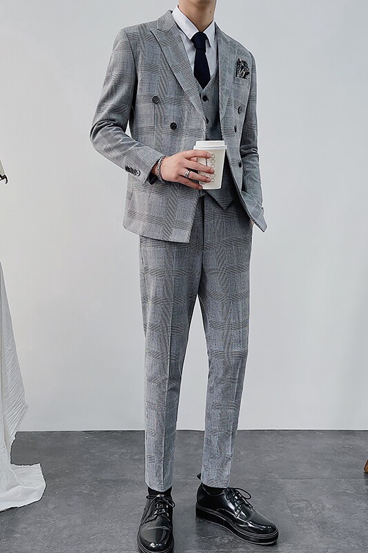 秋冬轻奢千鸟格双排扣西服套装男士商务西装三件套8012-P300,男装西服套装,星座1012