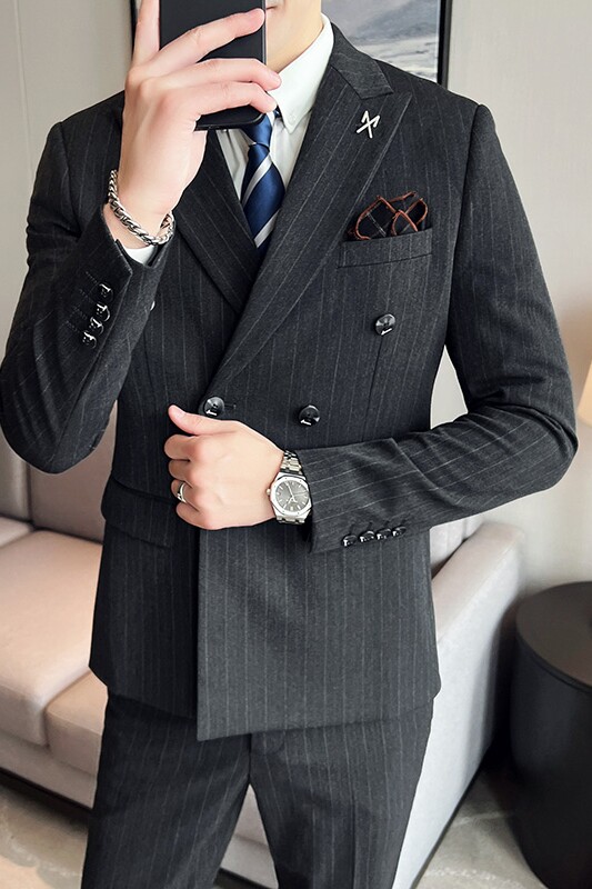 厚实布料条纹西装男士套装帅气双排扣西服休闲商务SJT866-P285,男装西服套装,星座1012