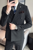 厚实布料条纹西装男士套装帅气双排扣西服休闲商务SJT866-P285，男装西服套装，星座1012