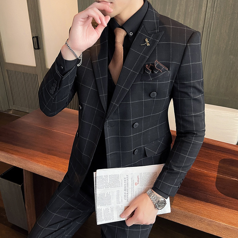 21秋冬韩版双排扣格子西服套装男英伦西装商务礼服SJT864-P285,男装西服套装,星座1012