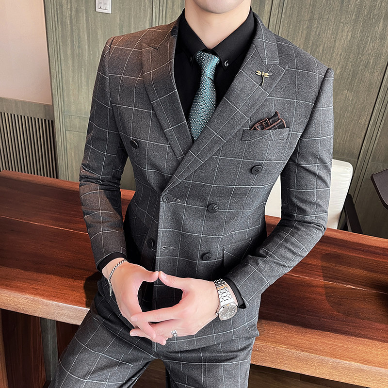 21秋冬韩版双排扣格子西服套装男结婚礼服英伦西装SJT864-P285,男装西服套装,星座1012