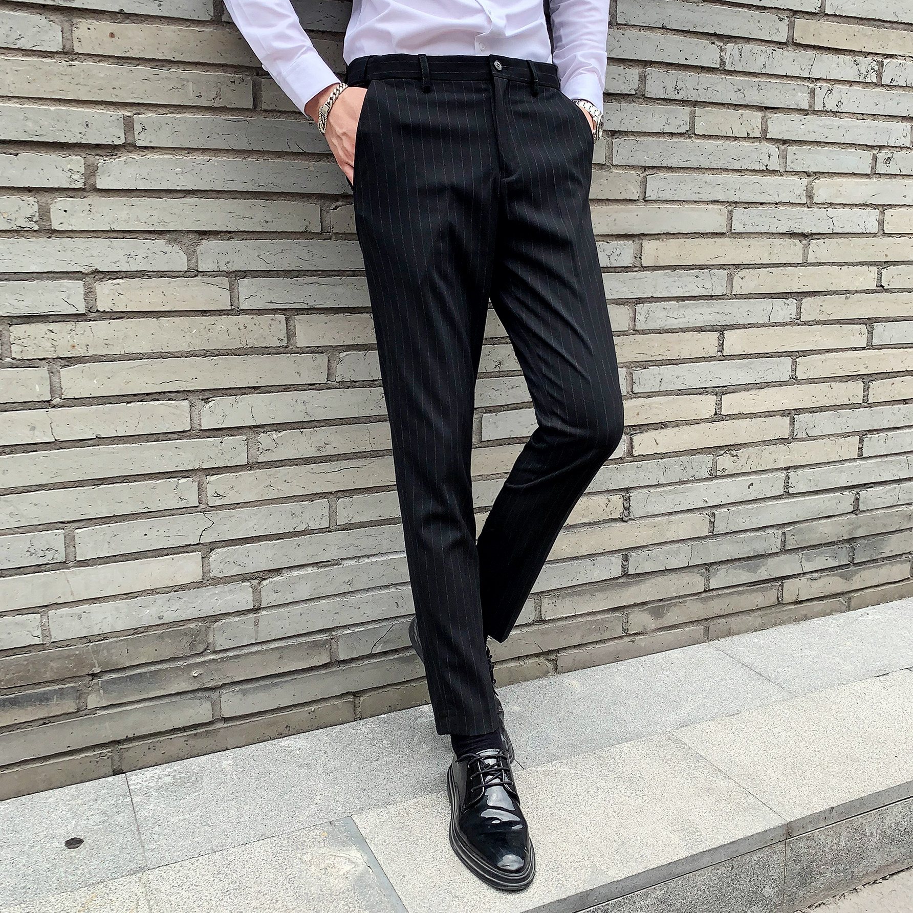 英伦竖条纹男士西裤韩版修身休闲裤职业工装裤发型师潮K813-P75,男装西裤,星座1012