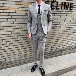 韩版修身格子西装套装男士英伦西服三件套职业装礼服 SJT812-P280图片