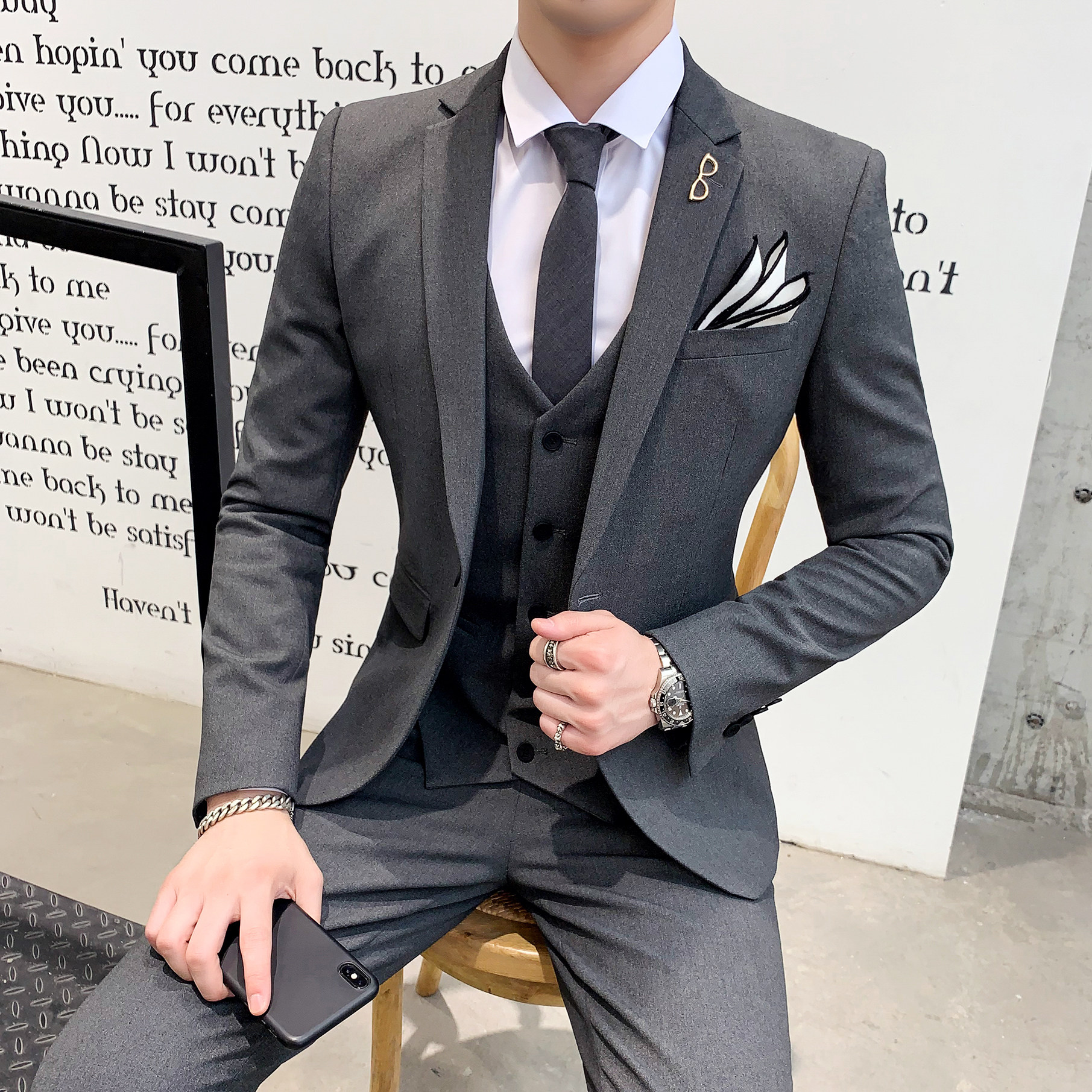 新款修身西服套装男三件套新郎结婚职业商务套装SJT805-P260,男装西服套装,星座1012