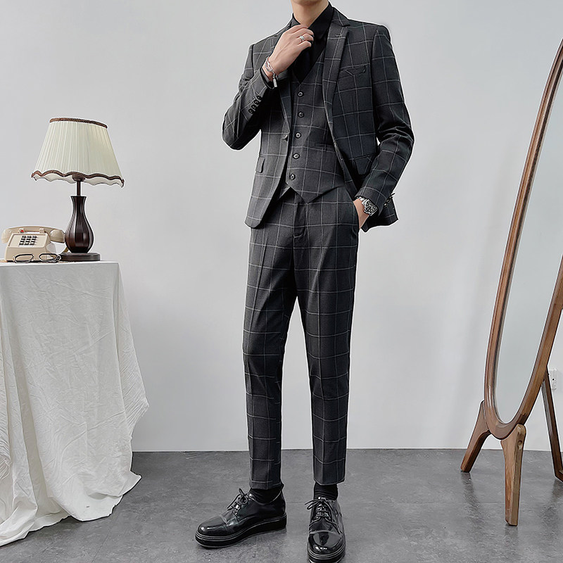 秋冬新款双线一粒扣西装套装男生修身商务西服三件套SJT8121-P280，男装西服套装，星座1012