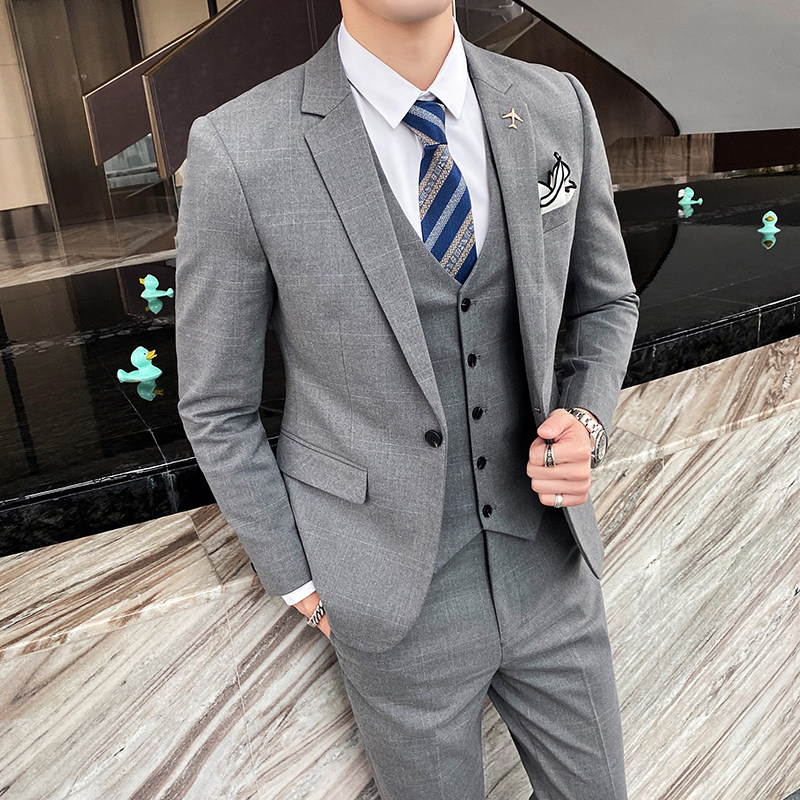 西装男套装三件套新郎结婚礼服格子商务正装职业1012-SJT823,男装西服套装,星座1012