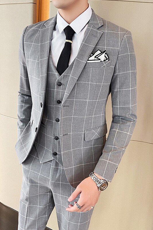 格子西装男套装三件套新郎西服修身礼服商务休闲SJT812-P280,男装西服套装,星座1012