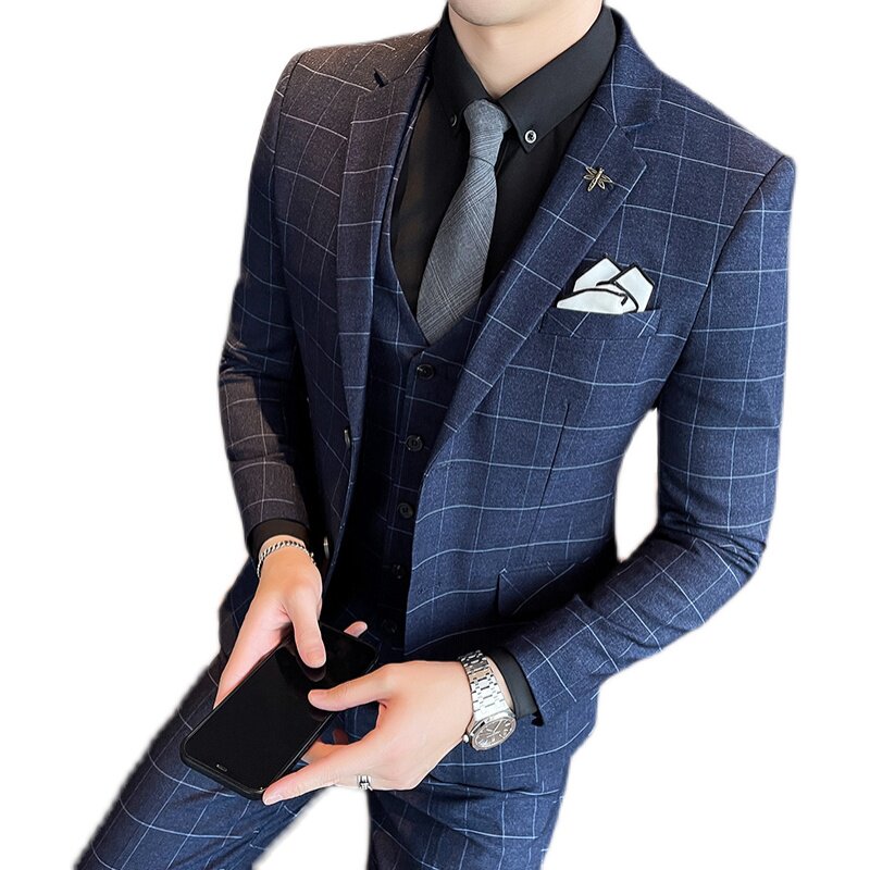 秋冬新款格子西服套装男三件套商务职业新郎结婚修身SJt861-P285,男装西服套装,星座1012