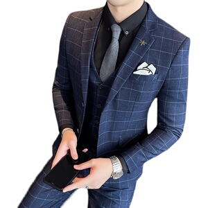 秋冬新款格子西服套装男三件套商务职业新郎结婚修身SJt861-P285图片