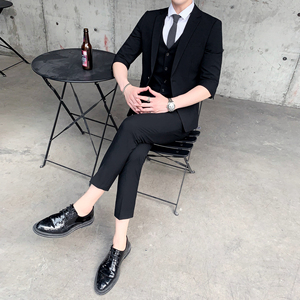 夏季薄款英伦中袖西服套装男士七分袖西装三件套礼服SJT802-P255