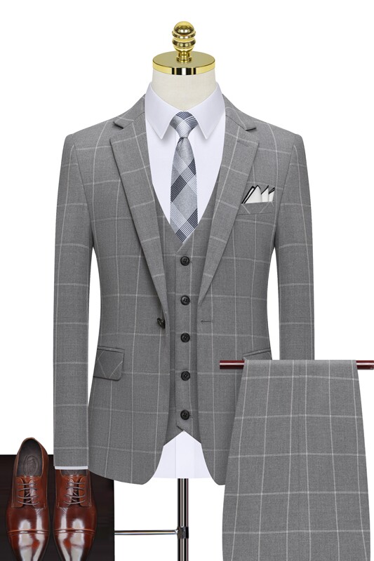 格子款一粒扣浅灰西装套装三件套正装西服礼服8121-P280,男装西服套装,星座1012