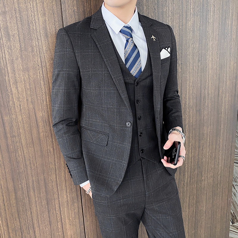 西装男套装三件套新郎结婚礼服格子商务正装SJT823-P280,男装西服套装,星座1012