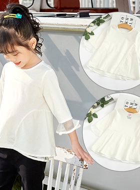 非常小鱼60147女童装七分中袖宽松纯色圆领T恤上衣衫裙满百包邮