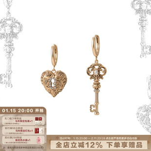 SUMIYAKI 复古爱锁芯系列不对称钥匙耳环爱心耳饰女耳夹无耳洞