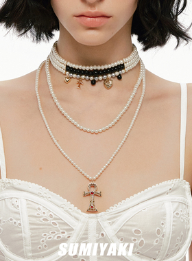 SUMIYAKI十字架双层珍珠锁骨链