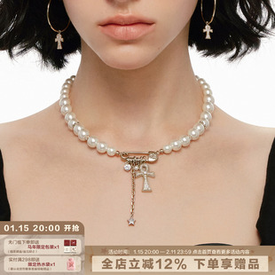 SUMIYAKI 满钻安卡珍珠十字架项链 回形针锁骨链女