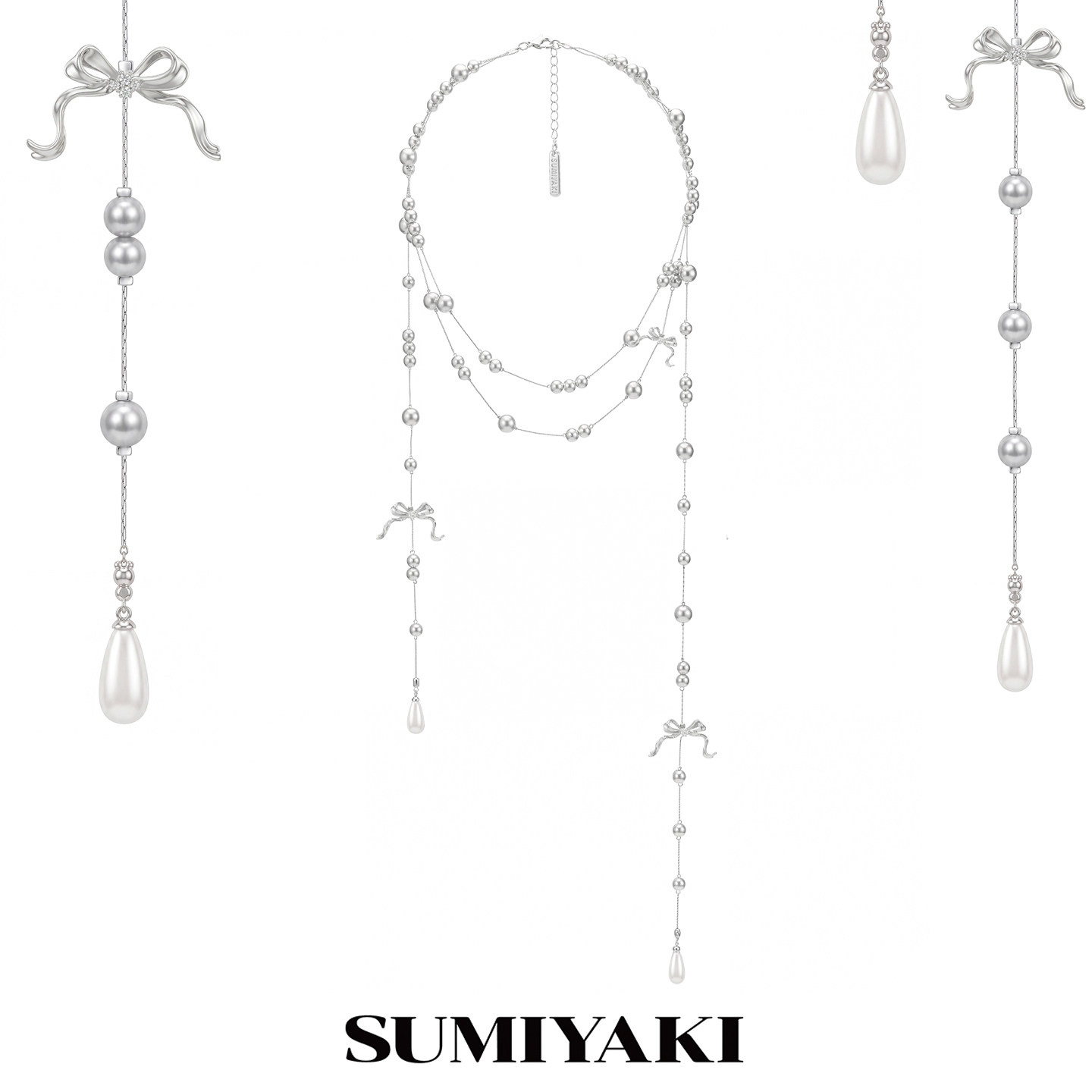 SUMIYAKI 丝带系列蝴蝶结灰色破碎珍珠多层项链