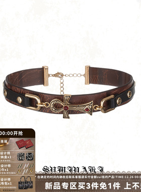 生命之匙十字架皮革项链choker