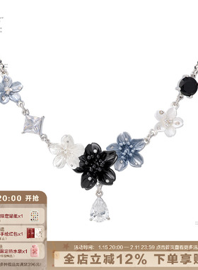 新中式立体花朵项链蓝黑色锁骨链