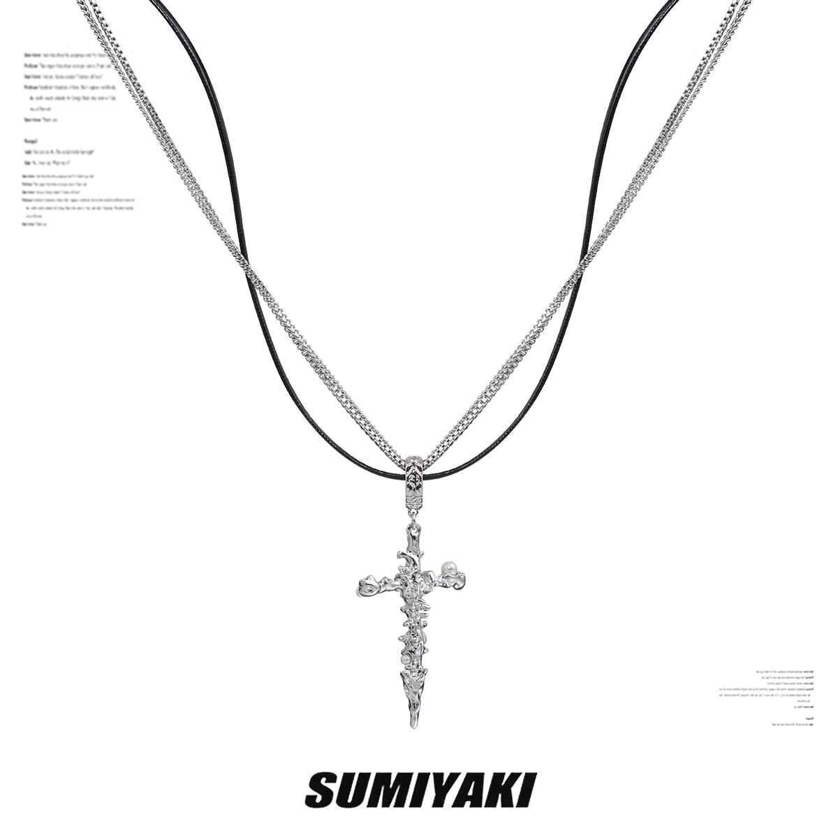SUMIYAKI珍珠十字权杖皮革项链