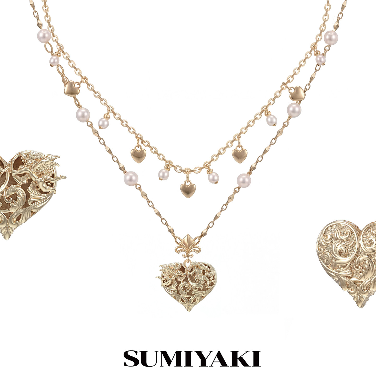 SUMIYAKI 天使爱心系列 双面浮雕爱心双层项链小众百搭叠戴锁骨链