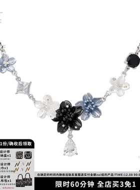 新中式立体花朵项链蓝黑色锁骨链
