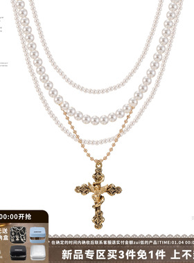 复古十字架项链天使多层choker
