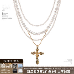 SUMIYAKI 小众复古十字架项链天使多层珍珠颈链choker配饰